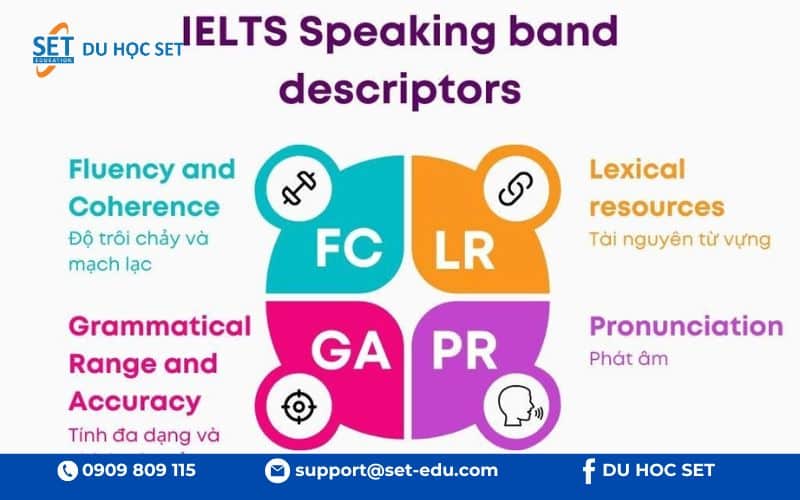 Speaking được đánh giá dựa trên 4 tiêu chí: Fluency, Vocabulary, Pronunciation và Grammar
